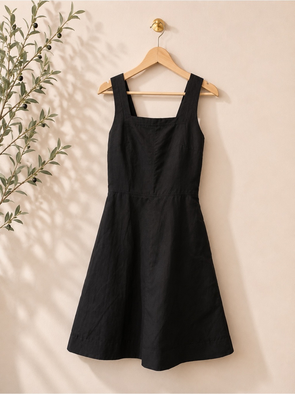 NWT COS Black Linen Lyocell Square neck A Line Mini Dress US 2 Minimalist